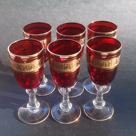 VTG Wine/Sherry Cordial Glasses Ruby Red Gilded with Clear Stem 1950s Set of 6 - Picture 3 of 12